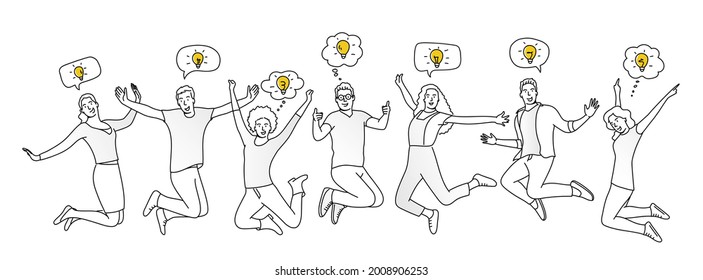 People jumping. Inspiration people group with ideas. Hand drawn vector illustration. Black and white.