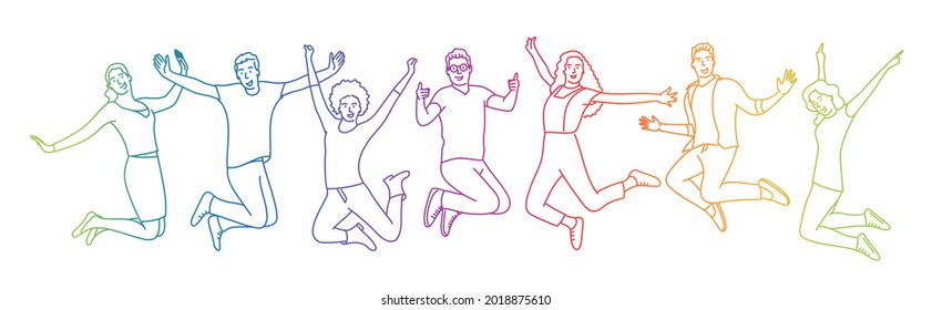 People jumping. Inspiration people group with ideas. Rainbow color. Sketch vector illustration.