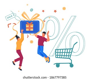 Menschen springen vor Freude mit Geschenkgutschein in Händen, flache Vektorgrafik einzeln. Ermäßigung oder Geschenkgutschein, Verkaufs-Gutschein für Kunden Loyalität Marketing Programm von Geschäft oder Firma.