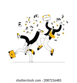 People are jumping merrily with briefcases in their hands among the flying money. Vector illustration in outline style on the topic of successful completion of the project.