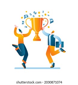 People are jumping merrily with a victory cup in their hands. Vector illustration in a flat style on the theme of the success of teamwork.