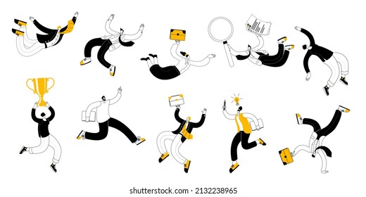 People are jumping merrily with a victory cup in their hands. Set of Vector illustration in a outline style on the theme of the success of teamwork.