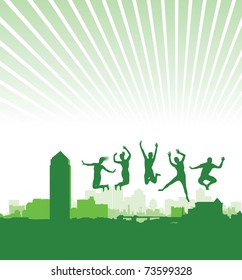 people jumping on a cityscape