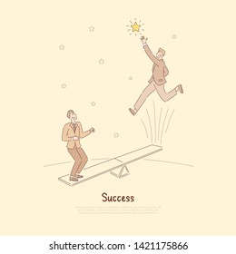 People jumping on seesaw attraction, reaching for stars, achieving goals together, businessmen using teamwork to reach goals banner