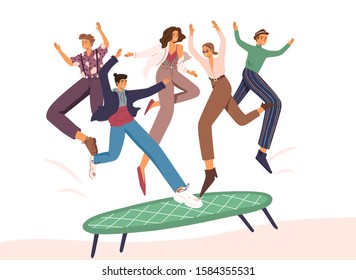 People jumping on trampoline flat vector illustration. Positive experience concept. Group of young friends having fun. Friendship, teamwork, team building. Satisfied users and clients.