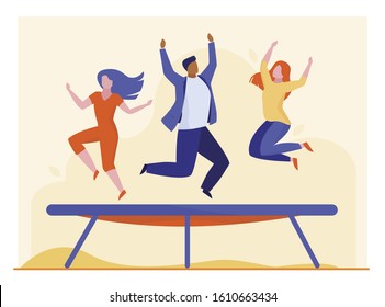 People jumping on trampoline. Friends enjoying activity, having fun flat vector illustration. Bouncing, tumbling, entertainment concept for banner, website design or landing web page