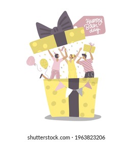 People jumping out of gift box at birthday party. Hude preset with bow. Happy men and women celebrating birthday or new year, fun surprise for friends. Flat vector illustration.
