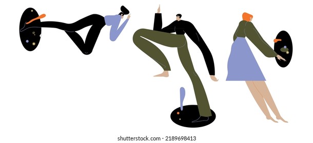 People are jumping from outer space. Search, explore concept. Flat graphic vector illustration isolated on white background.