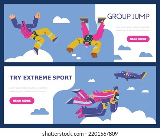 La gente salta con paracaídas, lanchas web de paracaídas puestas, ilustración vectorial plana. Conceptos de deporte extremo, salto grupal y adrenalina. Carteles publicitarios de la escuela de submarinismo.