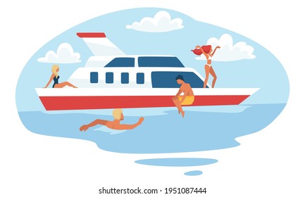 People jumping in sea or ocean water from yacht or ship. Summer holidays or weekends, vacations and relaxation for friends or couples. Rich characters swimming and sunbathing. Vector in flat style