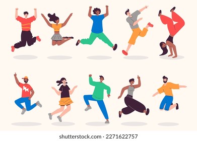 People jumping set in flat design. Happy men and women jump and celebrating at party and entertainment, winner expression. Bundle of diverse characters. Vector illustration isolated persons for web