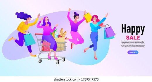 People are jumping And shopping cart. Discounts and sales. Trend vector flat illustration.