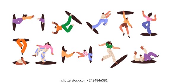 People jumping through portals, teleporting. Characters flying, entering abstract hole, entrance and exit. Teleportation, breakthrough concept. Flat vector illustrations isolated on white background