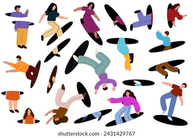 People jumping through portals, teleporting. People coming holes. Characters flying, entrance and exit. Search, explore concept. Flat graphic vector illustration EPS10