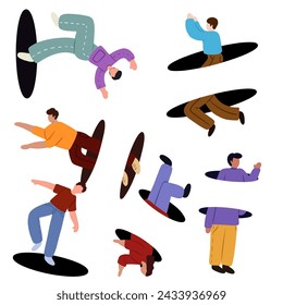 People jumping through portals, teleporting. People coming holes. Characters flying, entrance and exit. Search, explore concept. Flat graphic vector illustration EPS10