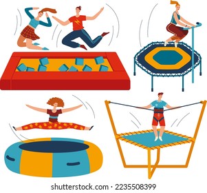 People jumping trampolines set of isolated vector illustration. Trampolining people and rebounders. Entertainment park.