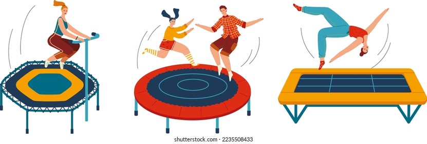 People jumping trampolines set of isolated vector illustration. Trampolining people and rebounders. Entertainment park.
