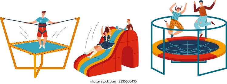 People jumping trampolines set of isolated vector illustration. Trampolining people and rebounders. Entertainment park.