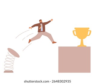 Gente pulando troféu. Sucesso na carreira. Pulando através da taça dourada gap. Empresários de sucesso saltando com um troféu de ouro. Impulsione o crescimento da empresa.Empresário saltando de trampolim. 