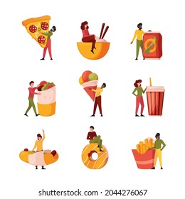 People and junk food. Characters holding big trash food pizza hotdogs hamburgers donuts drinks garish vector lifestyle persons