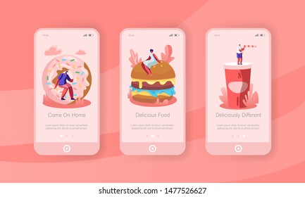 People and Junkfood Mobile App Page Onboard Screen Set. Characters Interacting with Huge Burger, Donut, Soda Drink. Street Fast Food Concept for Website or Web Page Cartoon Flat Vector Illustration