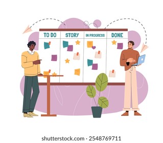 People with kanban. Men near board with to do list. Organizing effective work process, planning and setting goals. Time management and distribution of responsibilities. Flat vector illustration