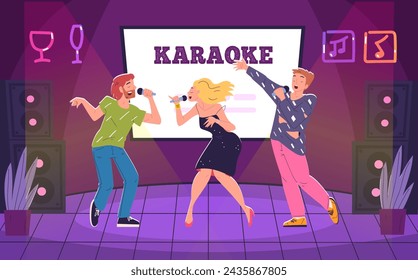 People in karaoke club. Drunk friends group singing sing on singer party bar, adult fun partying vocal competition, performance sound music entertainment classy vector illustration