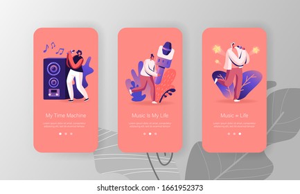 People in Karaoke Club Mobile App Page Onboard Screen Set. Cheerful People Singing Song with Microphones near Huge Dynamics in Bar Concept for Website or Web Page. Cartoon Flat Vector Illustration