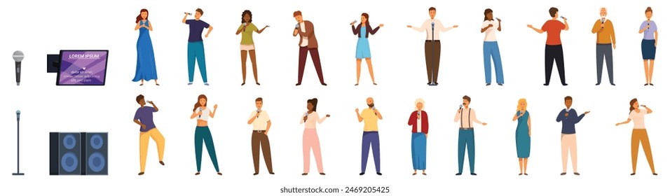 Personas karaoke iconos conjunto Vector. Un grupo de personas está cantando y bailando frente a un micrófono. También se puede ver un micrófono en el fondo