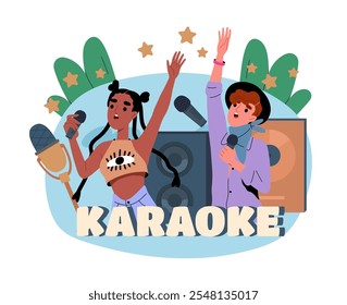 Personas en karaoke. Hombre y mujer con micrófonos cantan cerca de los altavoces. Equipo de audio para escuchar música. Hobby y ocio, entretenimiento. Ilustración vectorial plana aislada sobre fondo blanco