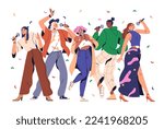 People at karaoke party. Amateurs singers singing songs, holding microphones. Young happy men, women at live music performance in club. Flat graphic vector illustration isolated on white background