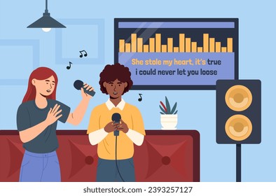 People at karaoke party. Man and woman with mic near computer monitor with speakers. Entertainment and leisure. Young guy and girls sing together. Cartoon flat vector illustration