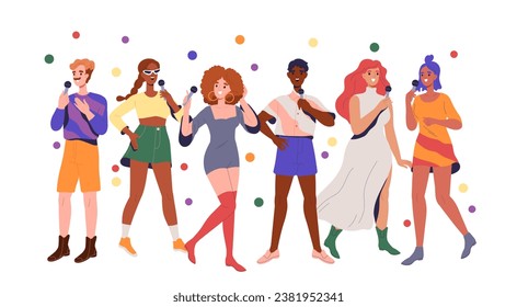 People at karaoke party. Men and women with colorful confetti and mics. Graphic element for website. Singers and dancers. Cartoon flat vector illustration isolated on white background
