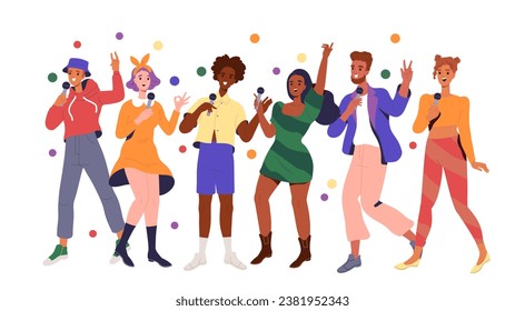 People at karaoke party. Men and women with colorful confetti and mics. Fun, entertainment and leisure. Singers and dancers. Cartoon flat vector illustration isolated on white background