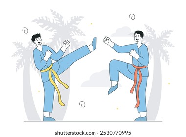 Personas karate lucha. Hombres en kimonos pelean. Chicos jóvenes con arte marcial. Taekwondo patadas y puñetazos. Estilo de vida activo y deportes. Ilustración vectorial lineal aislada sobre fondo blanco