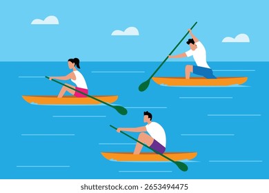 Pessoas Kayaking e canoagem na água para recreação e esporte 2d ilustrações vetor plana