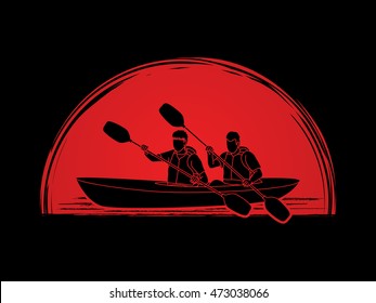 People kayaking designed on sunset background graphic vector.