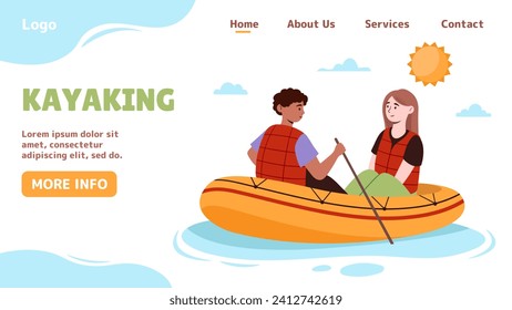 People kayaking poster. Landing page design. Man and woman at boat with paddles. Active lifestyle and leisure outdoor. Happy couple at river or lake. Cartoon flat vector illustration