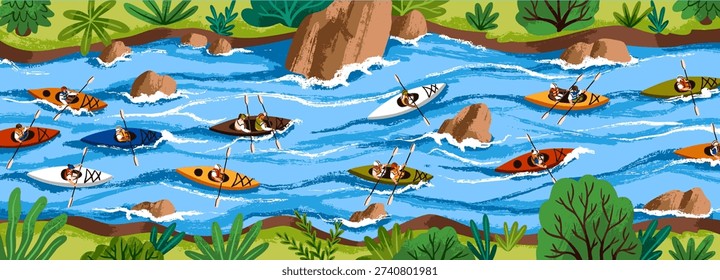 People are kayaking together top view. Group of men and women is rafting mountain river. Friends in boats are floating, rowing among stones on water. Extreme sport. Flat vector illustration