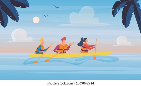 People in kayaking tour in tropical nature landscape vector illustration. Cartoon man woman characters, sitting in boat, traveling in kayak. Outdoor rafting, boating, summer adventures background