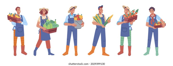 People keep, carry crop in boxes, farm harvest. Vector farmers with sweet pepper, tomatoes, apples, squash and corn. Man woman flat cartoon characters with fruits and vegetables, agronomists gardeners