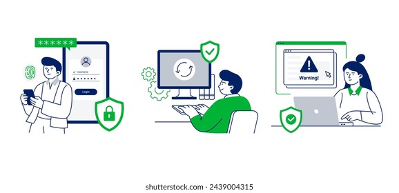 People keep cyber security. Characters use multi-factor authentication, update software, and use a firewall in networking. Vector flat illustrations isolated on the white background. 