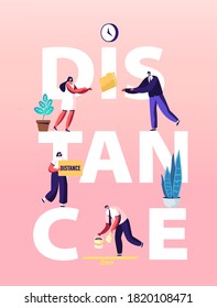 People Keep Distance during Coronavirus Pandemic Concept. Office Characters in Medical Masks Distancing while Work in Office, Man Painting Markup Poster Banner Flyer. Cartoon Vector Illustration