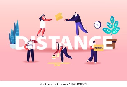 People Keep Distance during Coronavirus Pandemic Concept. Office Characters in Medical Masks Distancing while Work in Office, Man Painting Markup Poster Banner Flyer. Cartoon Vector Illustration