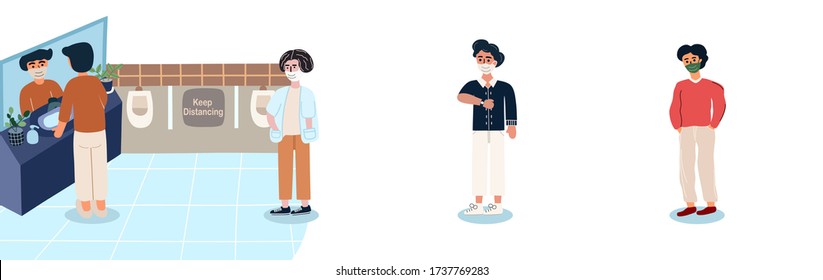 People keep distance from each other and wearing face mask while waiting to go to the toilet. Coronavirus, physical distancing, new normal after covid-19. Vector illustration in flat cartoon style.