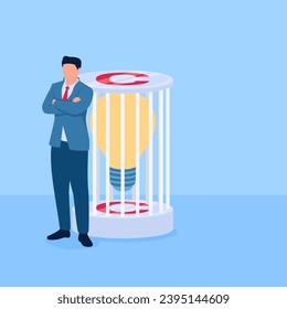 people keep the lights of ideas in cages marked intellectual rights, a metaphor for copyright. Simple flat conceptual illustration.
