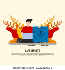 People keep money in bank, protect savings safely. men keep money in profitable deposits. Vector illustration for financial vault, deposit, closed bank vault. investment, security concept