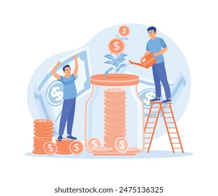 Menschen bewahren Geld in Gläsern auf. Finanzielle Bedingungen für die Zukunft aufrecht erhalten. In: Financial Literacy concept. Flache Vektorillustration.