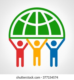 People keep the planet. Abstract man silhouette holding earth globe on shoulders illustration.