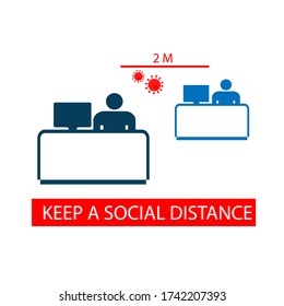 People Keep A Safe Distance In The Office. Practice Social Distancing (physical Distancing) By Working Separately And Staying At Least 6 Feet Away. Prevention Of COVID-19. Icon. Vector